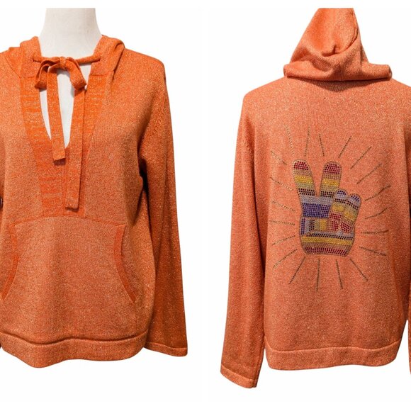 Le Superbe Womens Size M Orange Metallic Peace Sign Wool Cashmere Hooded Sweater - Picture 1 of 12